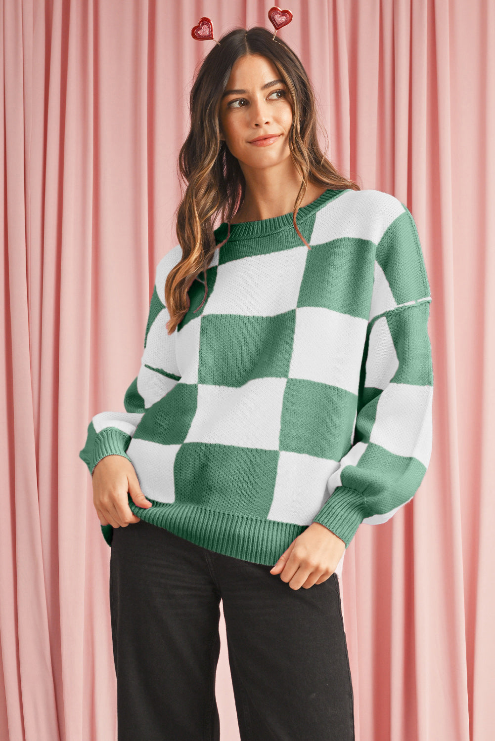 Women's Casual Check Knitted Jumper - Green. Front view.