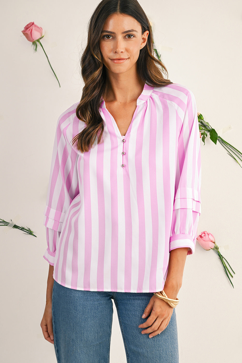 Pink and White Striped V-Neck Raglan Sleeve Blouse