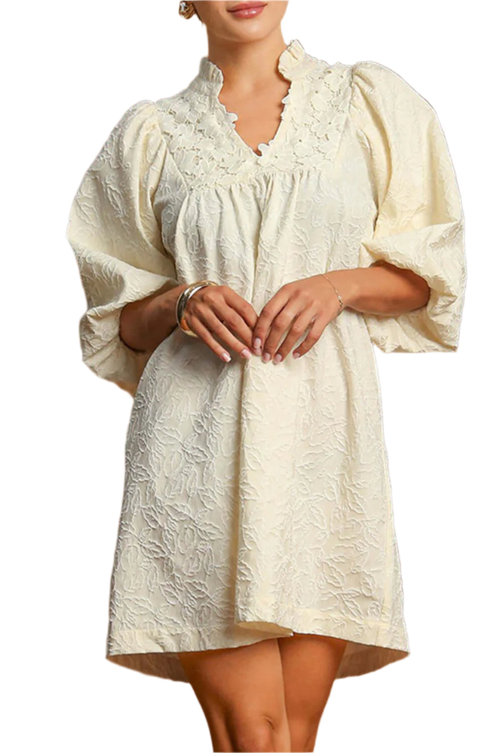 White Floral Textured Dress Frill V Neck - Catherine Martin