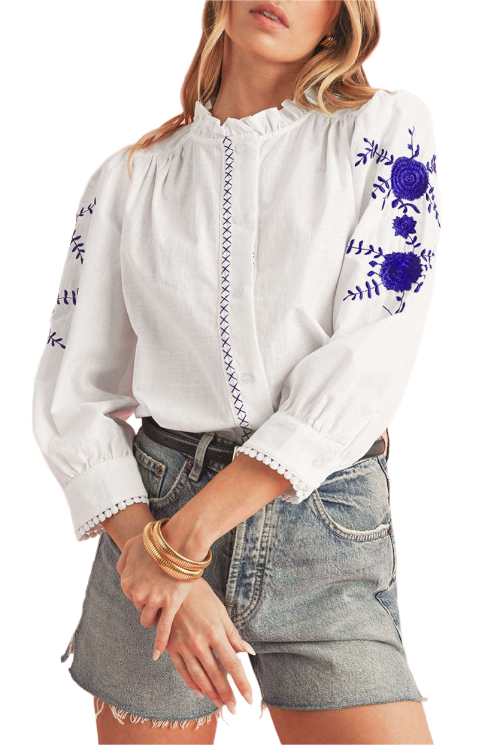 white embroidered cotton blouse long sleeves