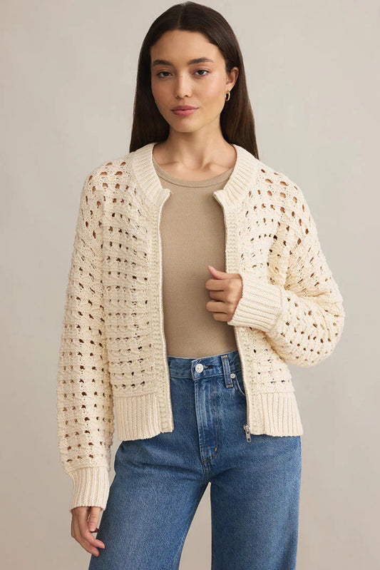 Open-Knit Zip-Up Cardigan