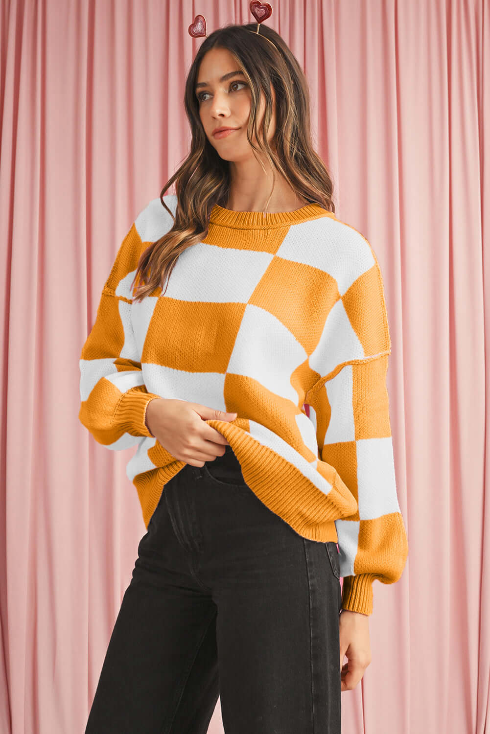 Women's Casual Check Knitted Jumper - Orange. Side view.