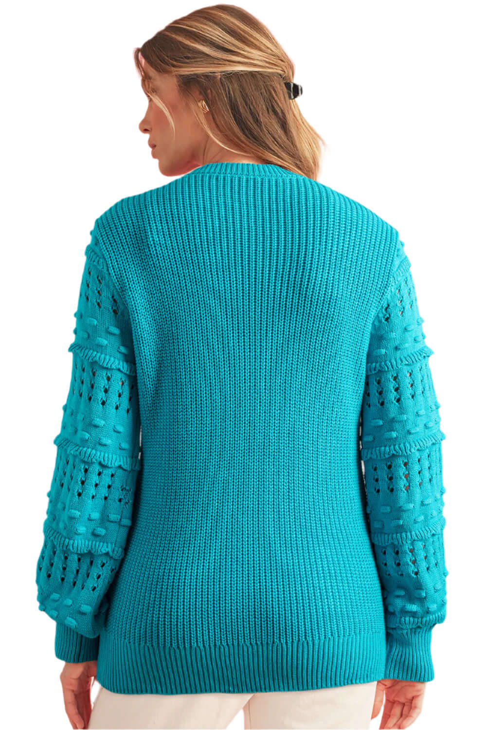 Turquoise Textured Sleeve Knit Jumper. Back view.