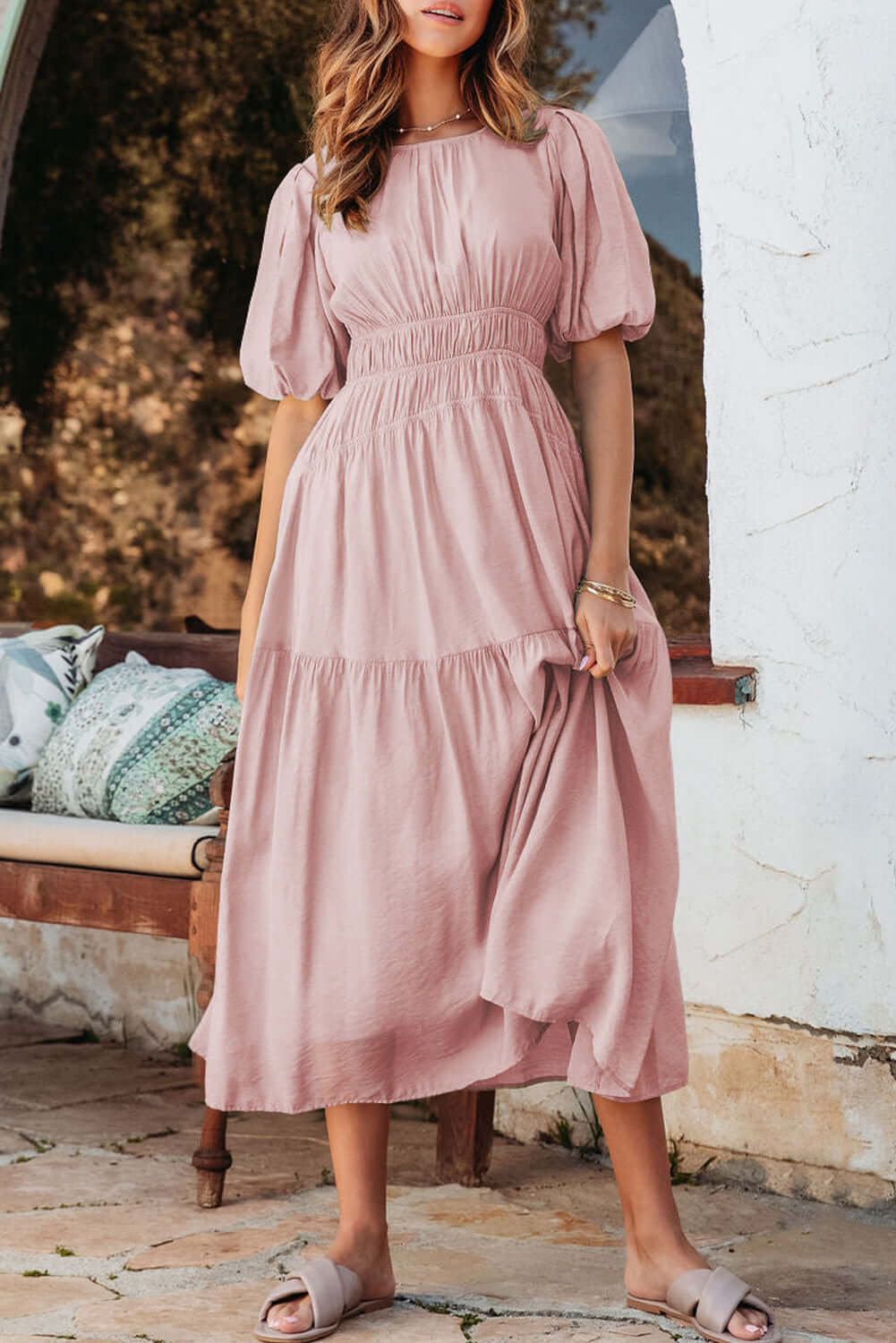 Women's Pink Puff Sleeve Tiered Midi Dress - Catherine Martin