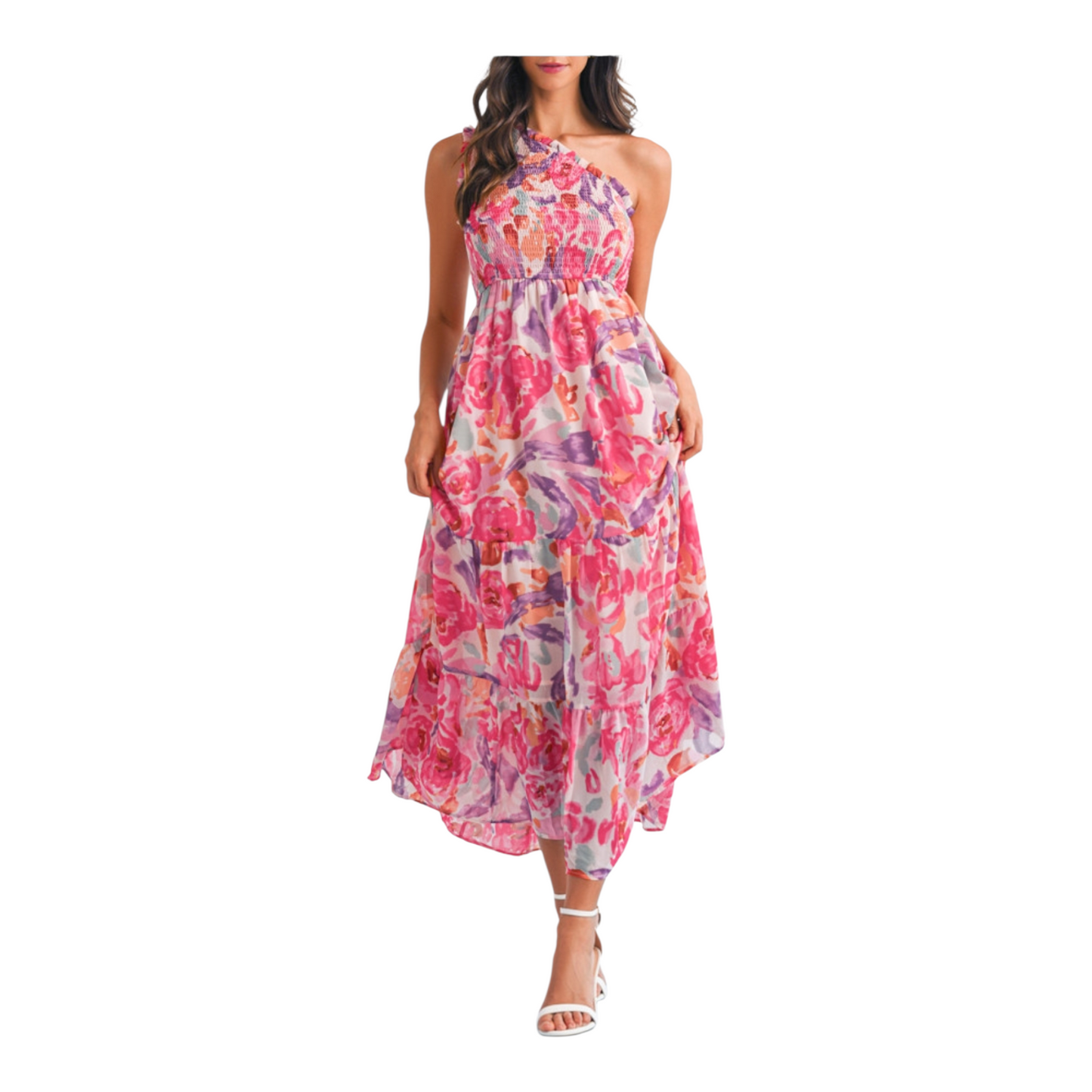 A woman wearing a pink and lilac abstract floral maxi dress featuring a sophisticated one-shoulder neckline and a textured smocked bodice.
