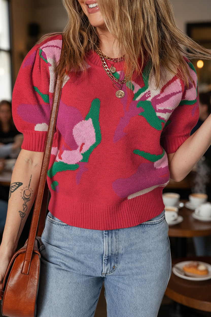 Person wearing a red floral sweater in an indoor setting