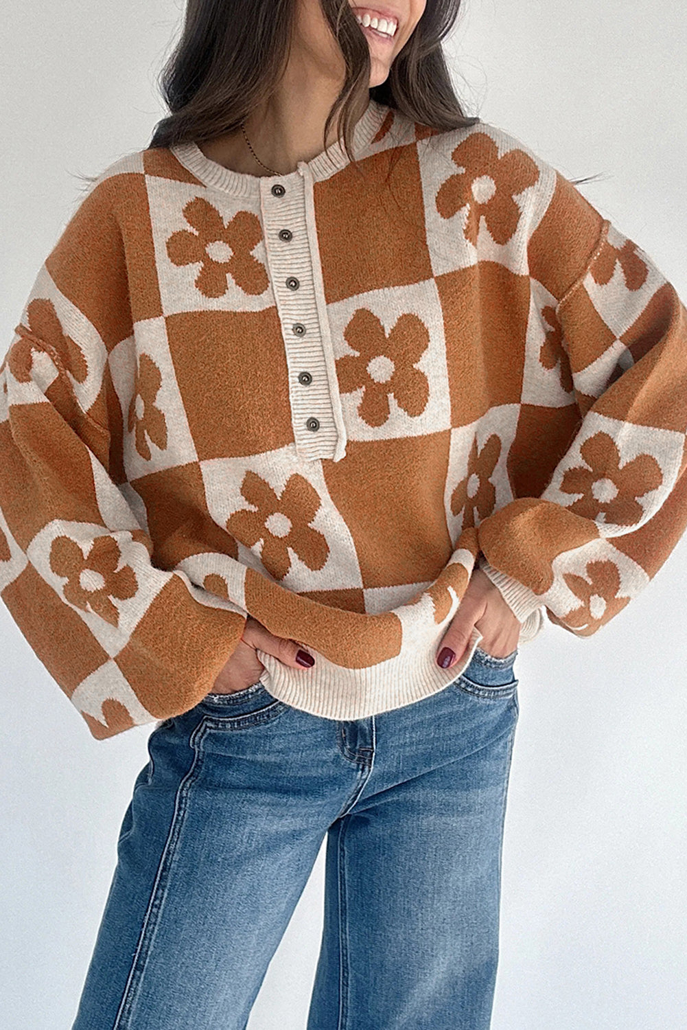 Floral Checkered Henley Sweater