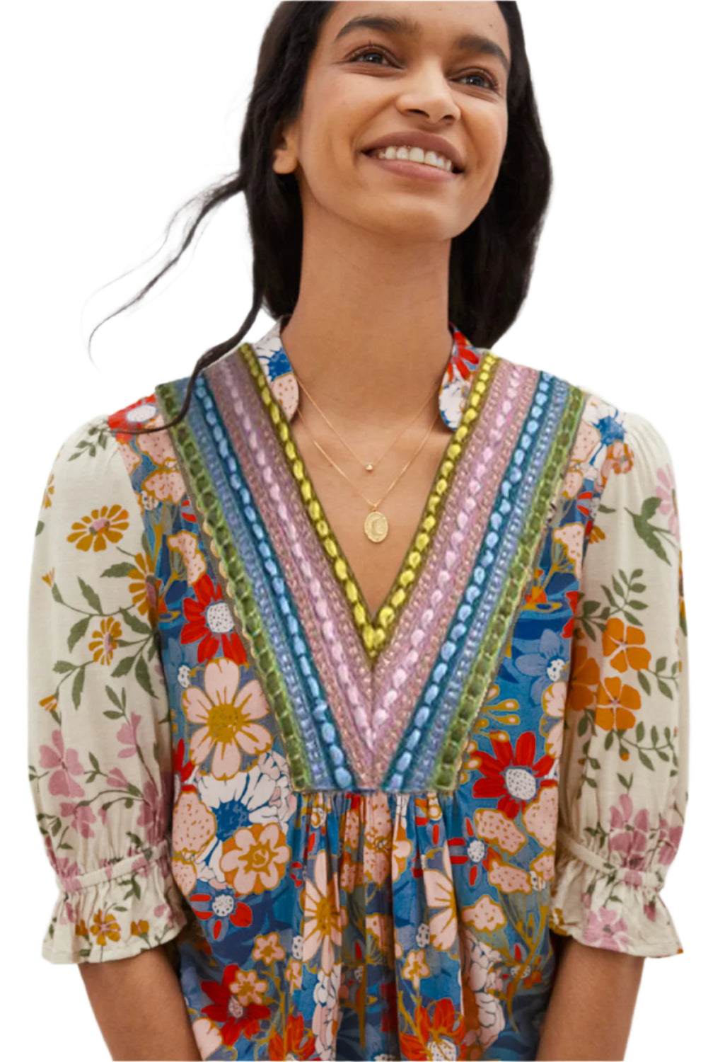 Front view of a multicolor boho blouse with a V-neck and half sleeves.