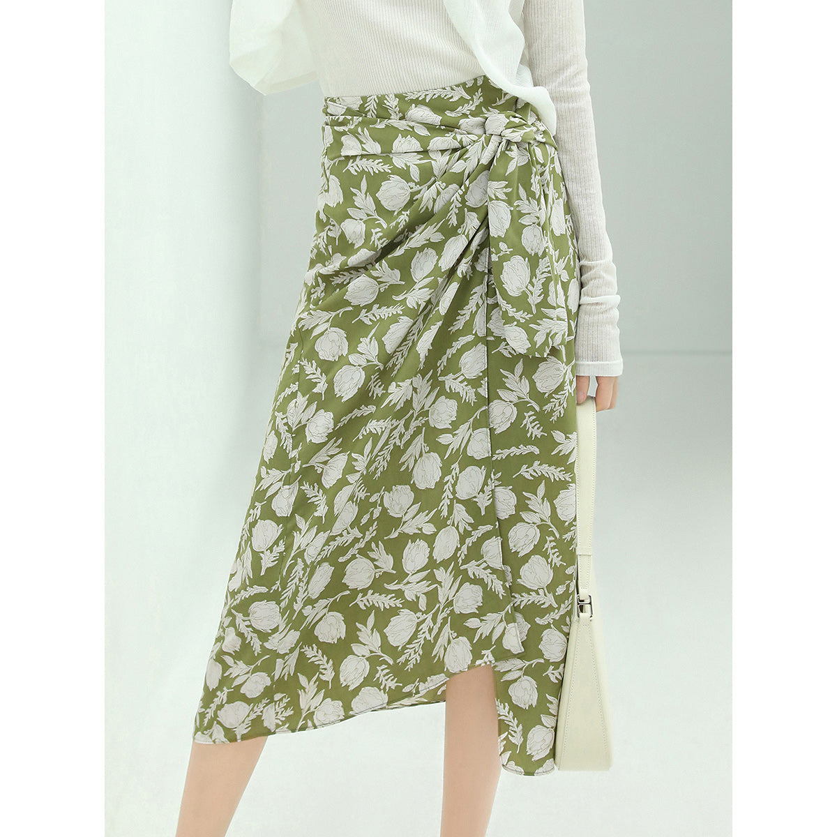 Cocobella Green Floral Print Side-Twist Wrap Midi Skirt-0