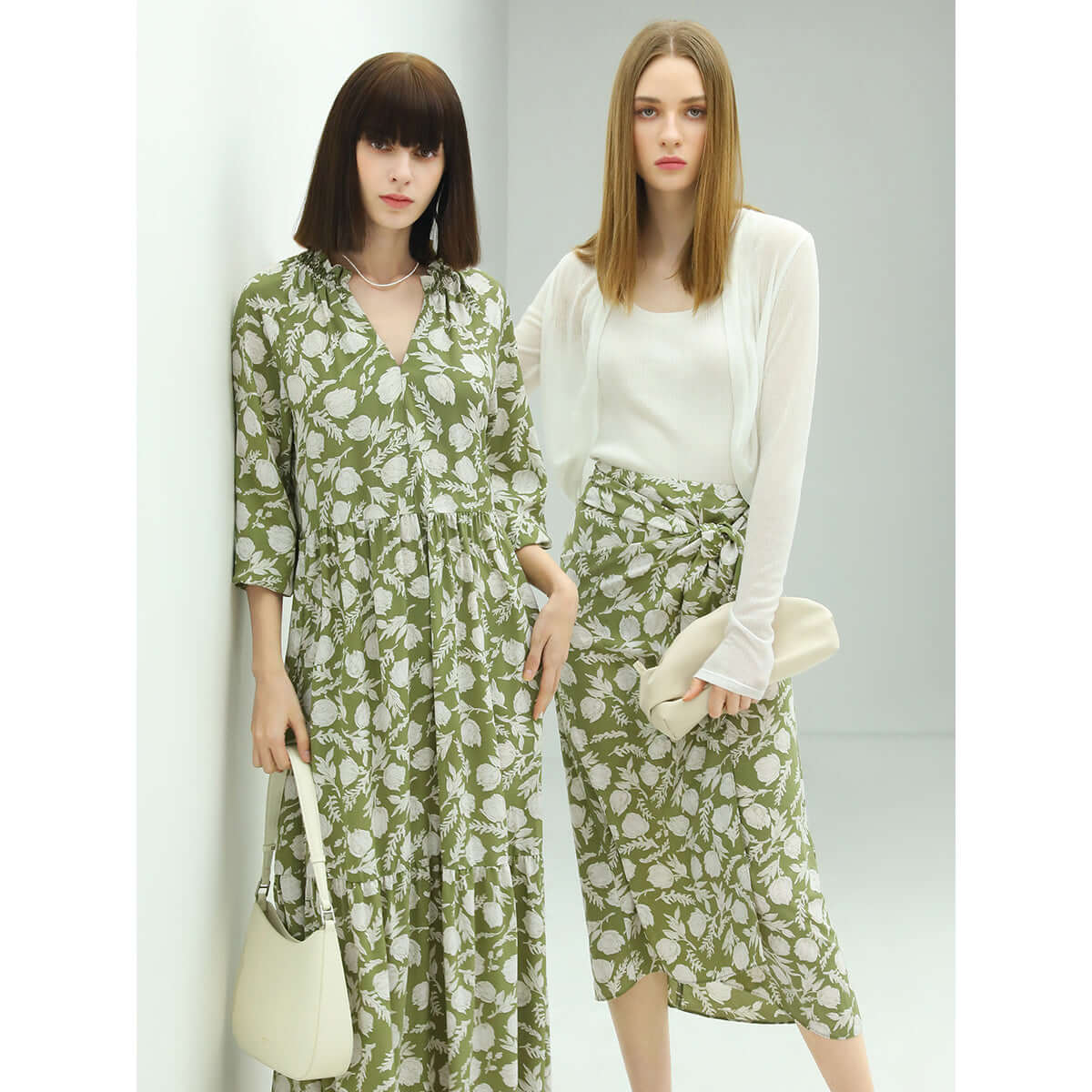 Cocobella Green Floral Print Side-Twist Wrap Midi Skirt-1