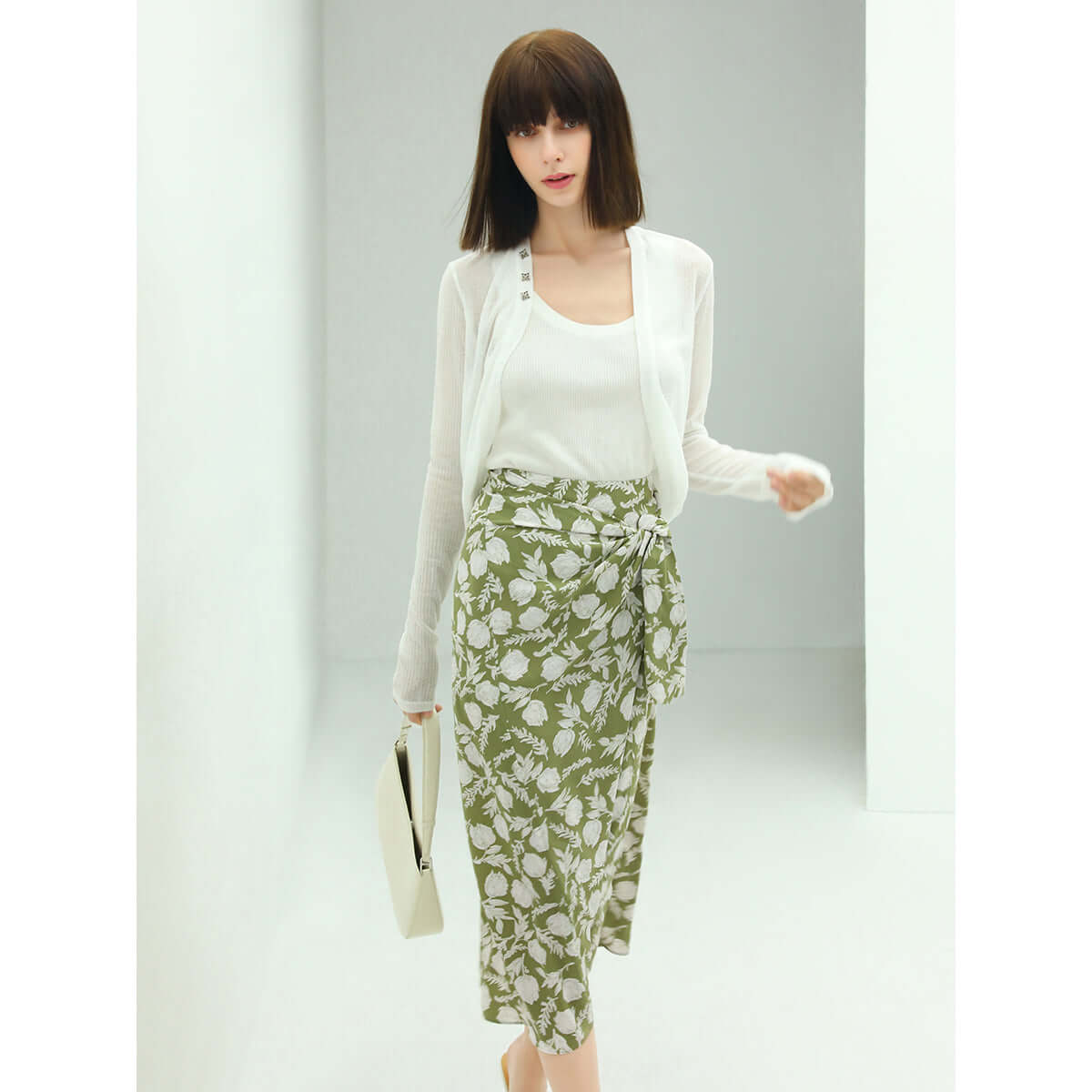 Cocobella Green Floral Print Side-Twist Wrap Midi Skirt-2
