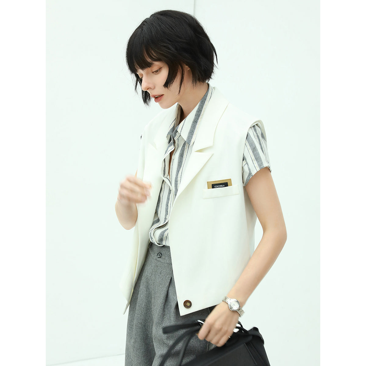 Asymmetrical Single Breasted White Vest-1