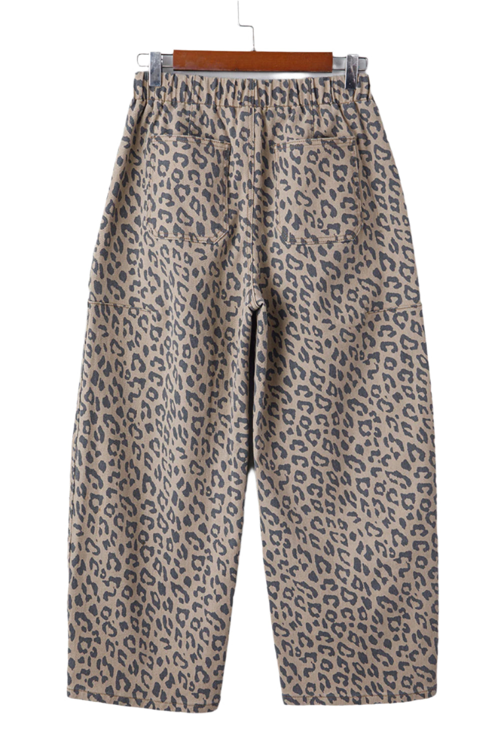 Wide Leg Leopard Jeans Women's - khaki colour, back view on hanger.