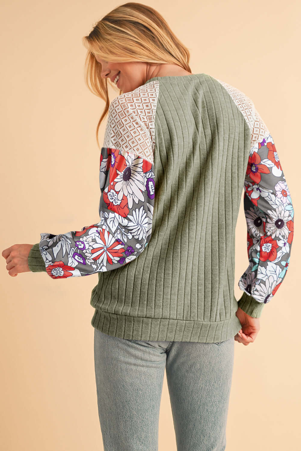 Floral Sleeve Waffle Knit Pullover - Catherine Martin