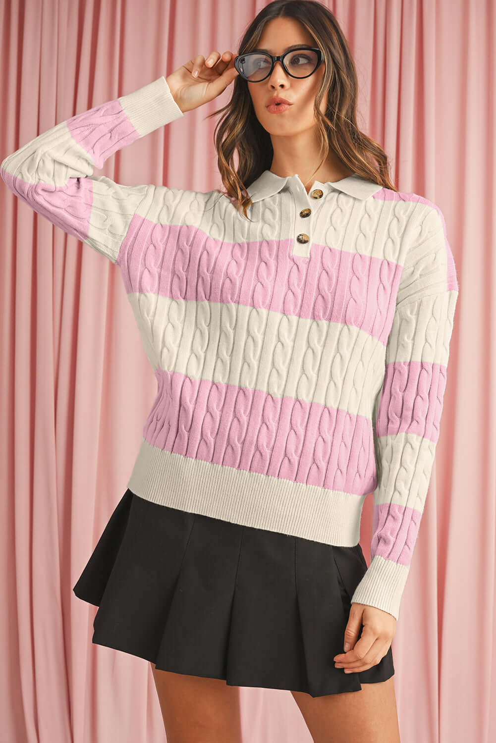 Aussie Chic Pink & Cream Cable Sweater. Front view.