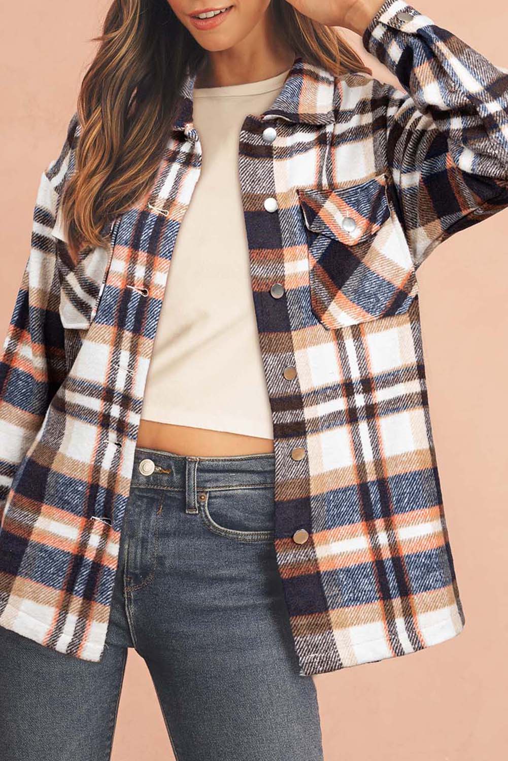 Women's Chic Plaid Flannel Shirt - Blue colour. Front view.
