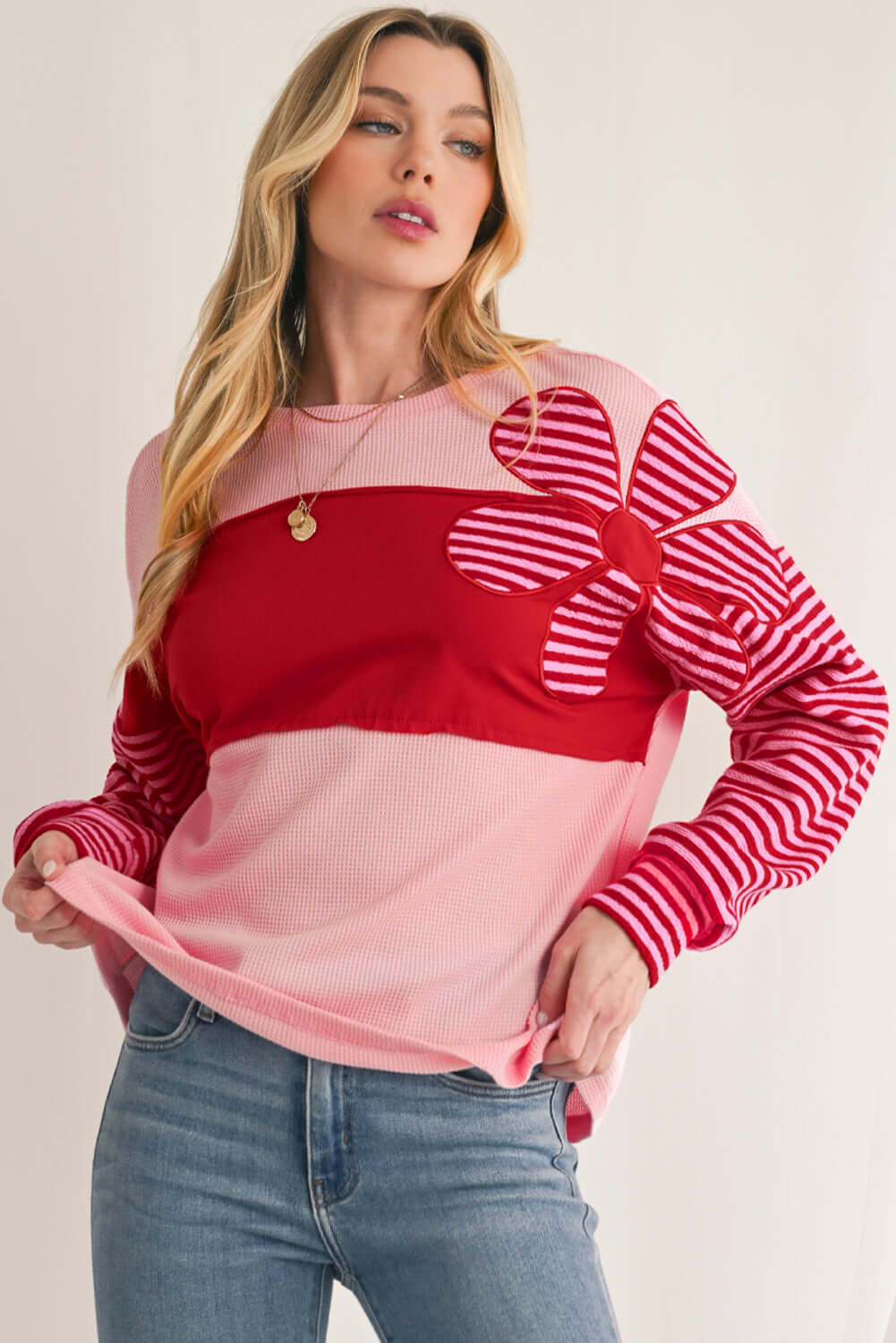 Red Pink Waffle Top with Flower Details - Catherine Martin