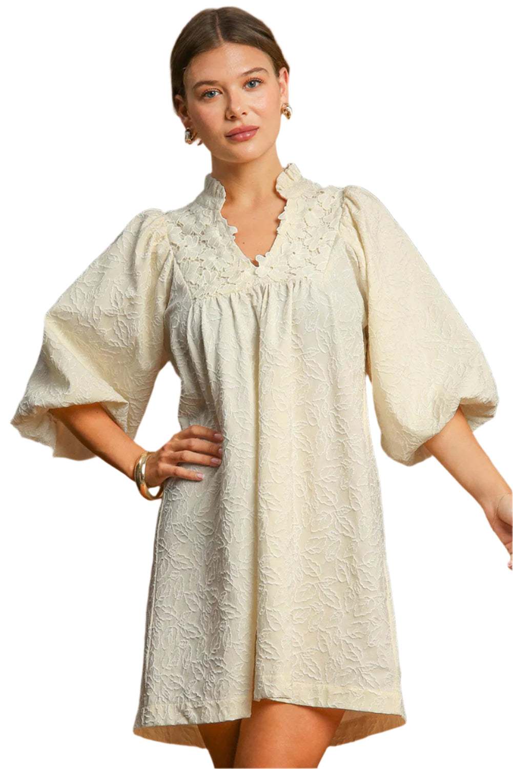 White Floral Textured Dress Frill V Neck - Catherine Martin