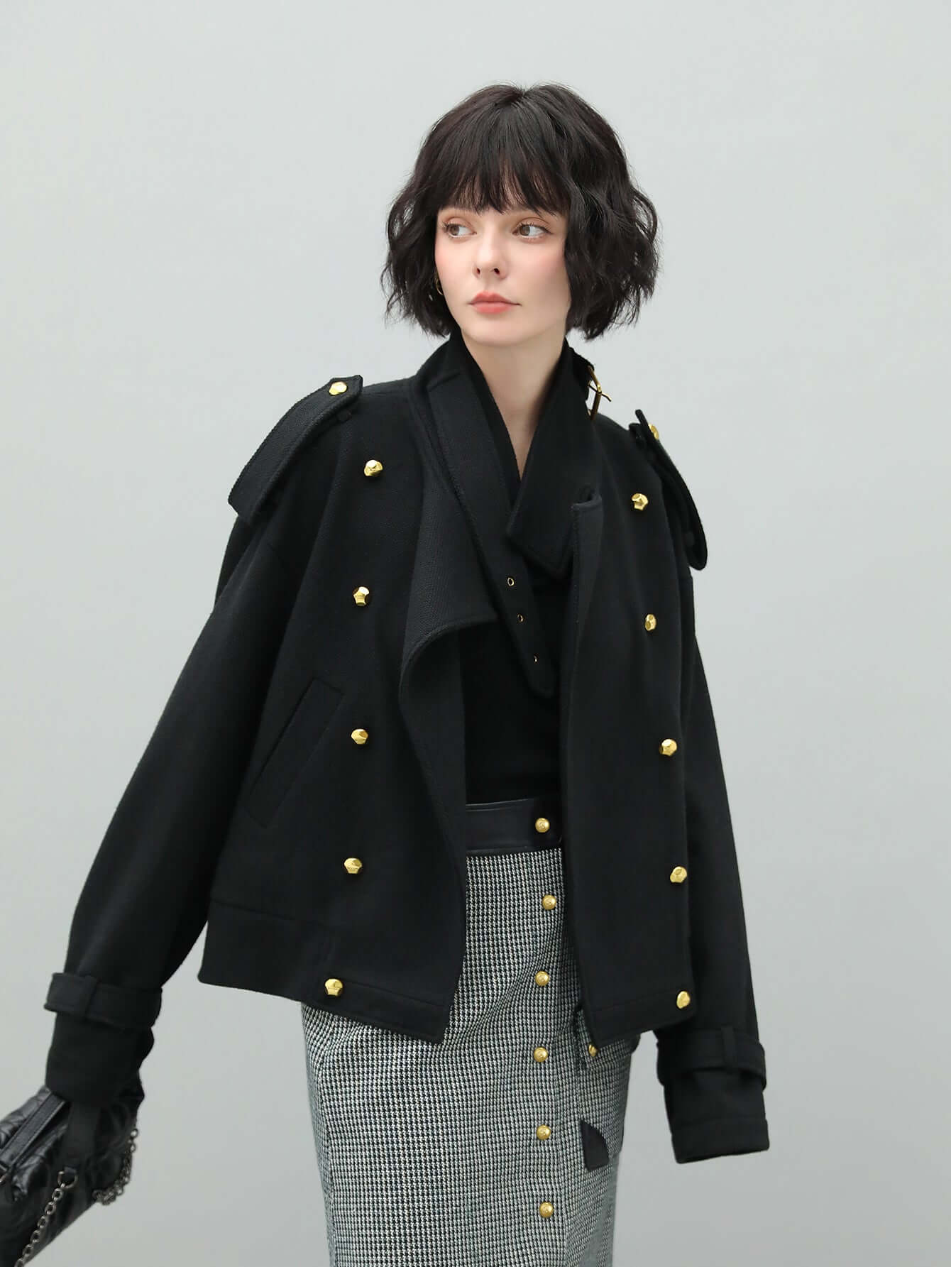 Black Double Breasted Trench Coat with a Detachable High Neck Collar-1