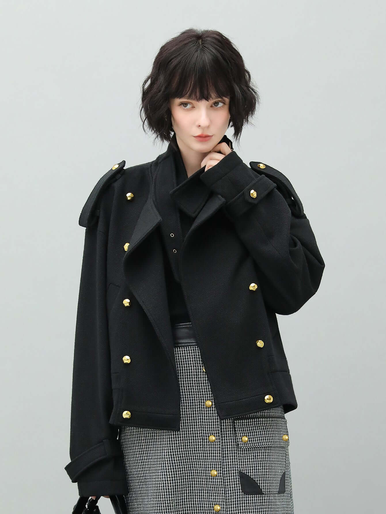 Black Double Breasted Trench Coat with a Detachable High Neck Collar-2