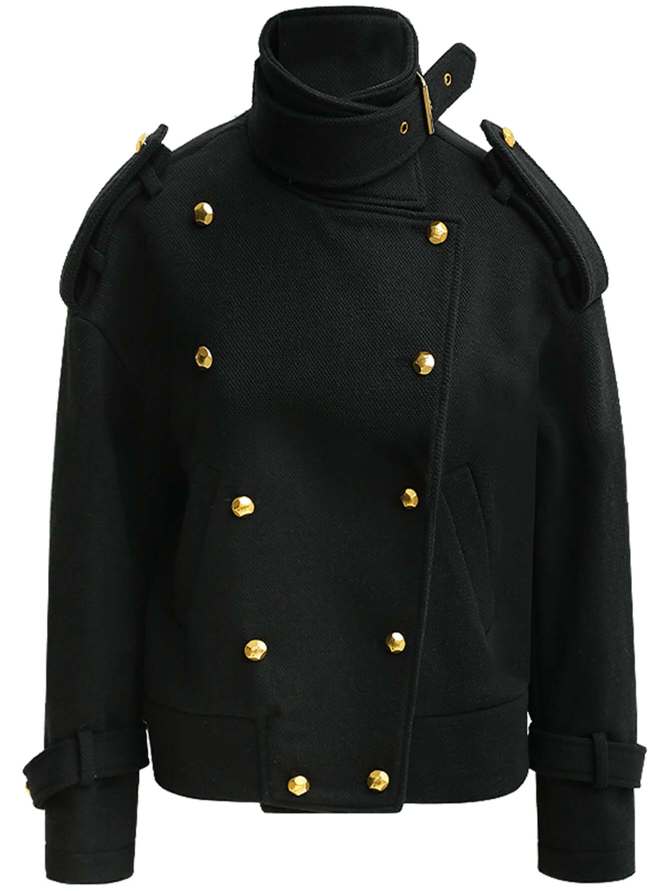 Black Double Breasted Trench Coat with a Detachable High Neck Collar-3