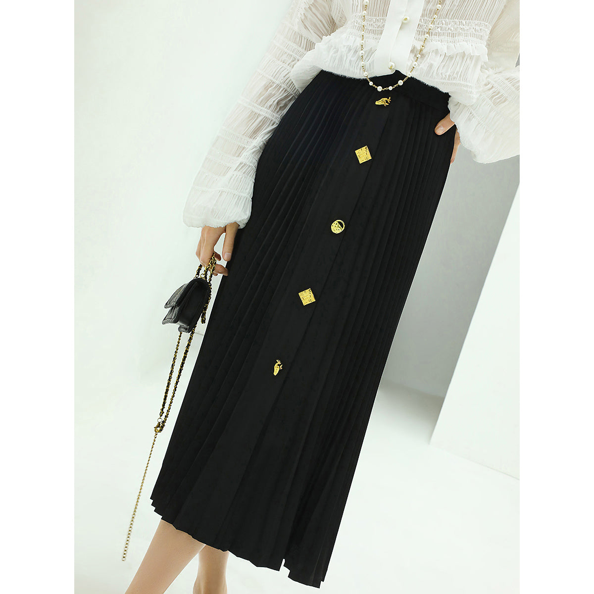 Cocobella Elegant Black Pleated Midi Skirt with Gold Buttons-0