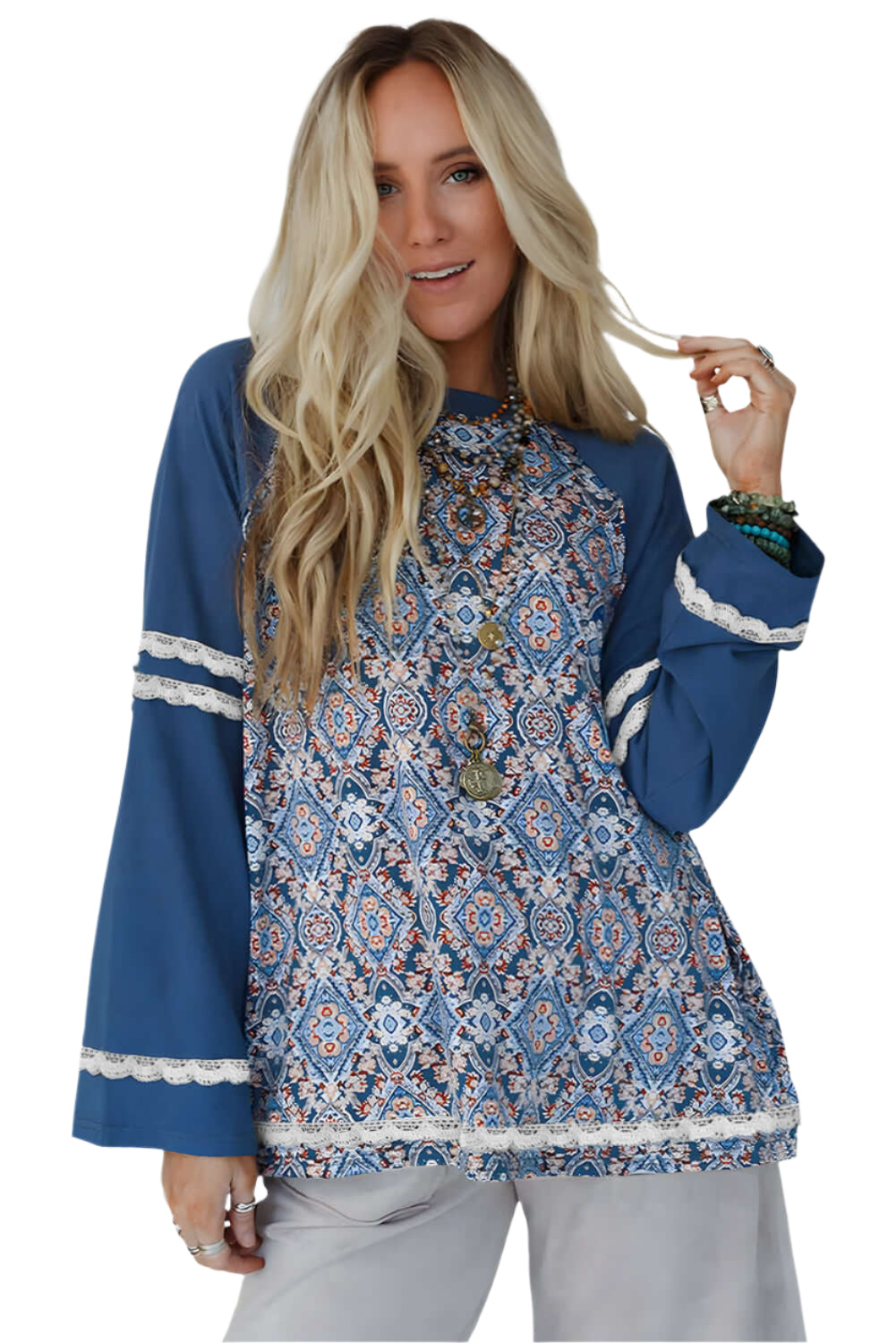 Blue Geometric Print Blouse with Long Sleeves
