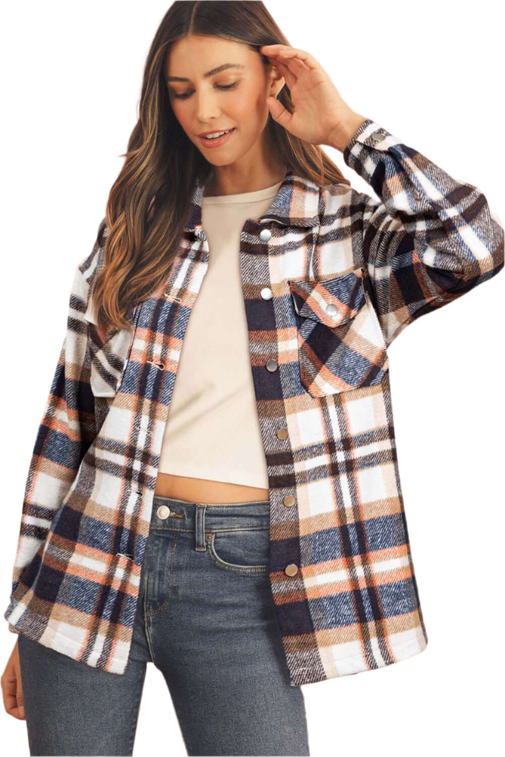 Women's Chic Plaid Flannel Shirt - Blue colour. Full front view against white background.