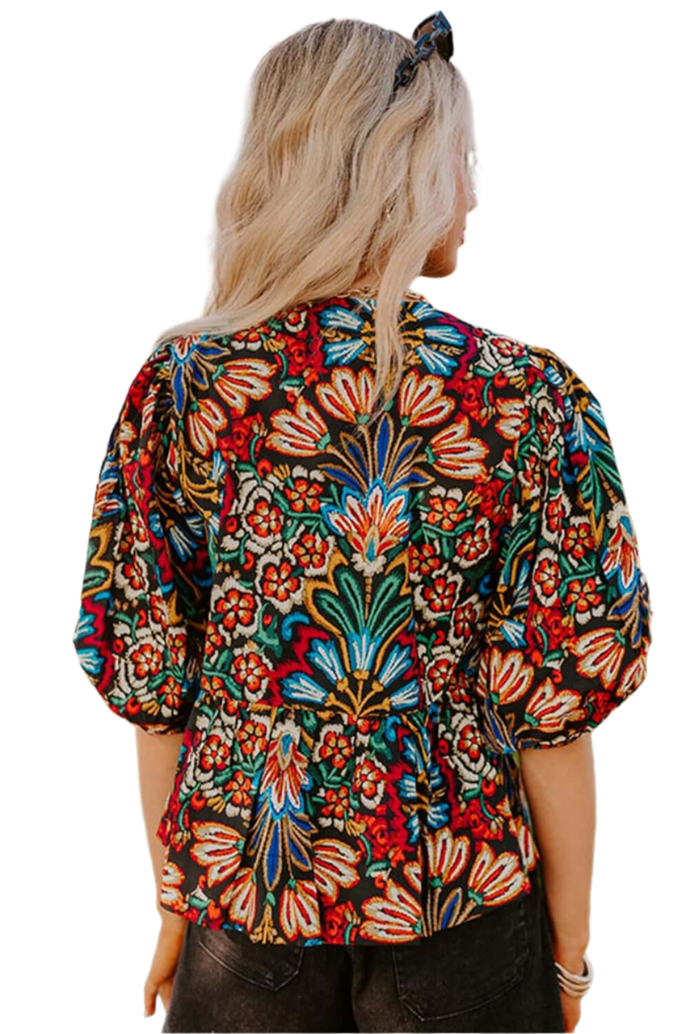 Back view of floral boho blouse with half sleeves.