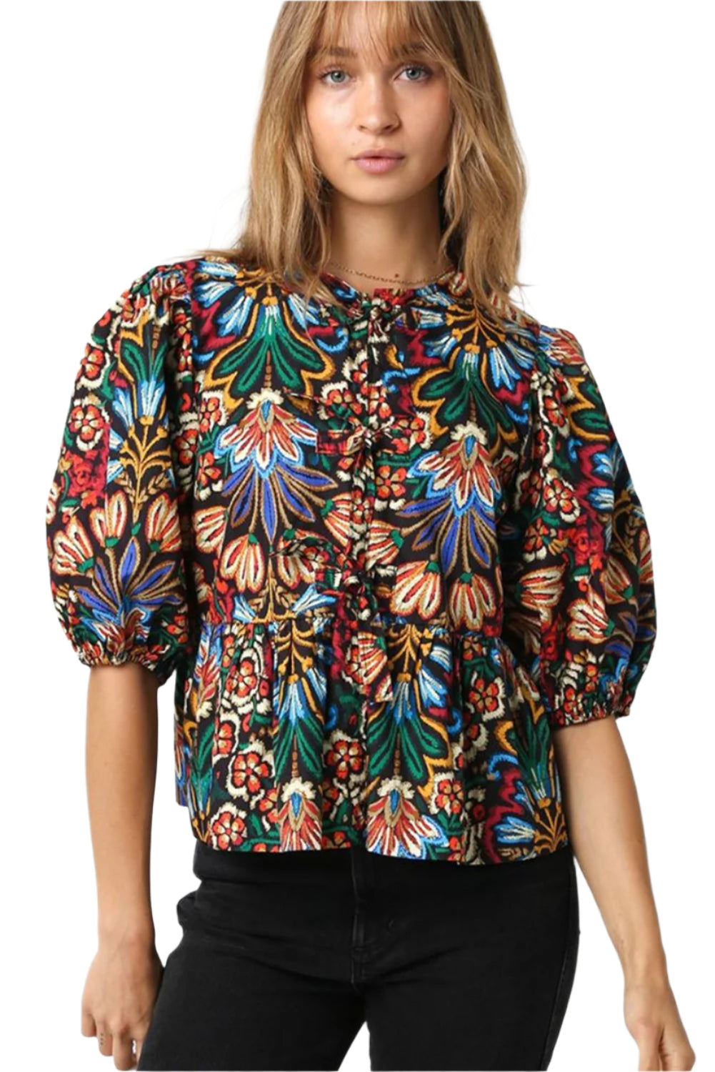 Boho Floral Blouse with Tie-front neckline and Puff sleeves - Catherine Martin
