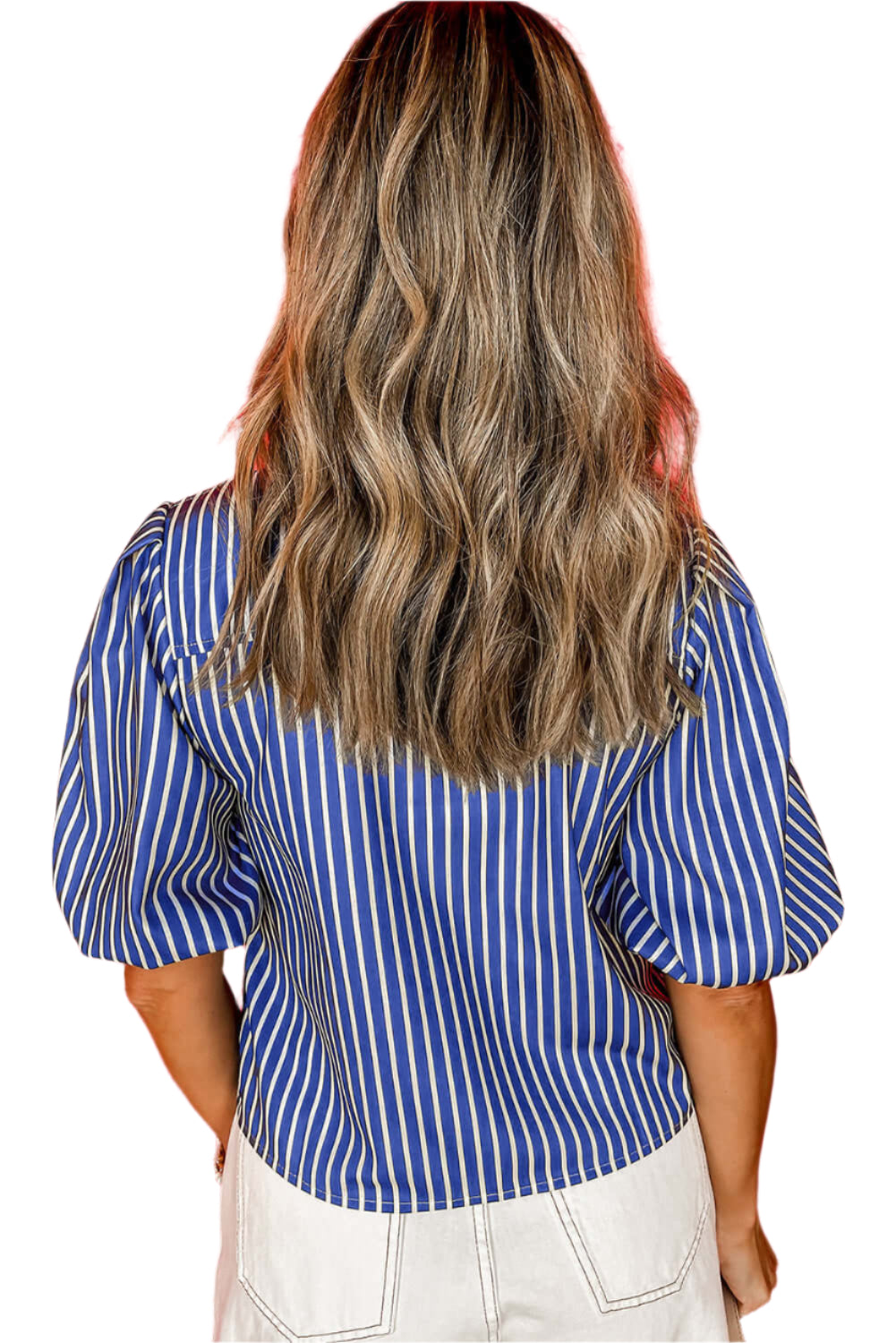 Bow Tie Blue Stripe Blouse with Puff Sleeves. Back view.