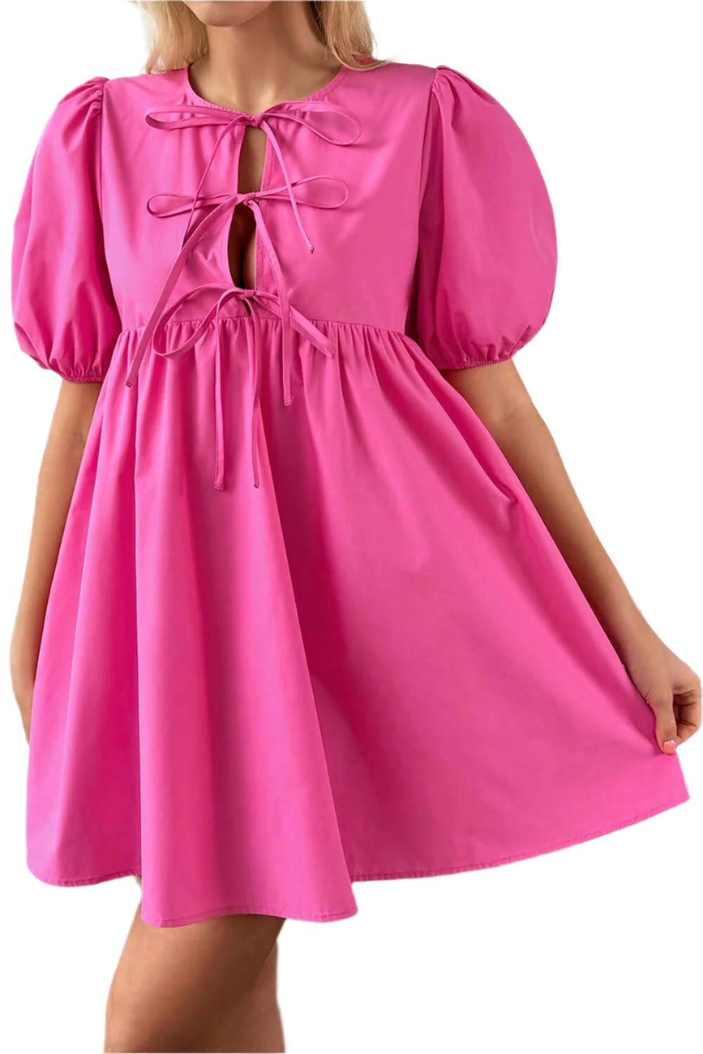 Front-focused view of a woman wearing a bright pink puff sleeve mini dress with a tie-front detail, perfect for summer occasions.