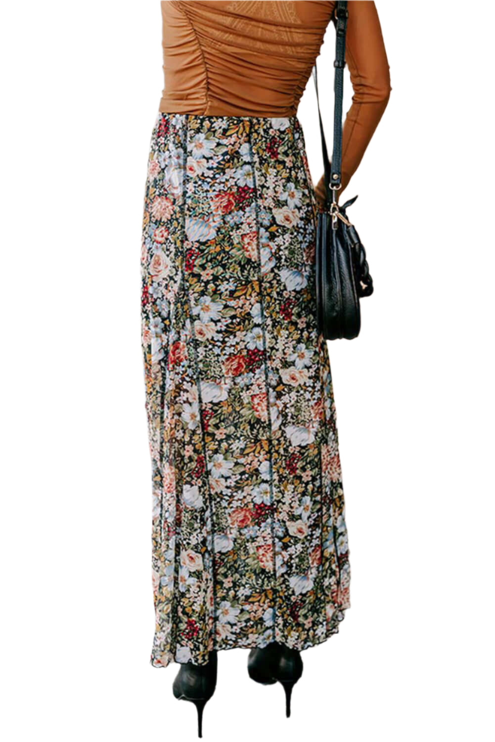 Back view of Brown Floral Boho Maxi Skirt - Straight Leg Style from Catherine Martin Store.