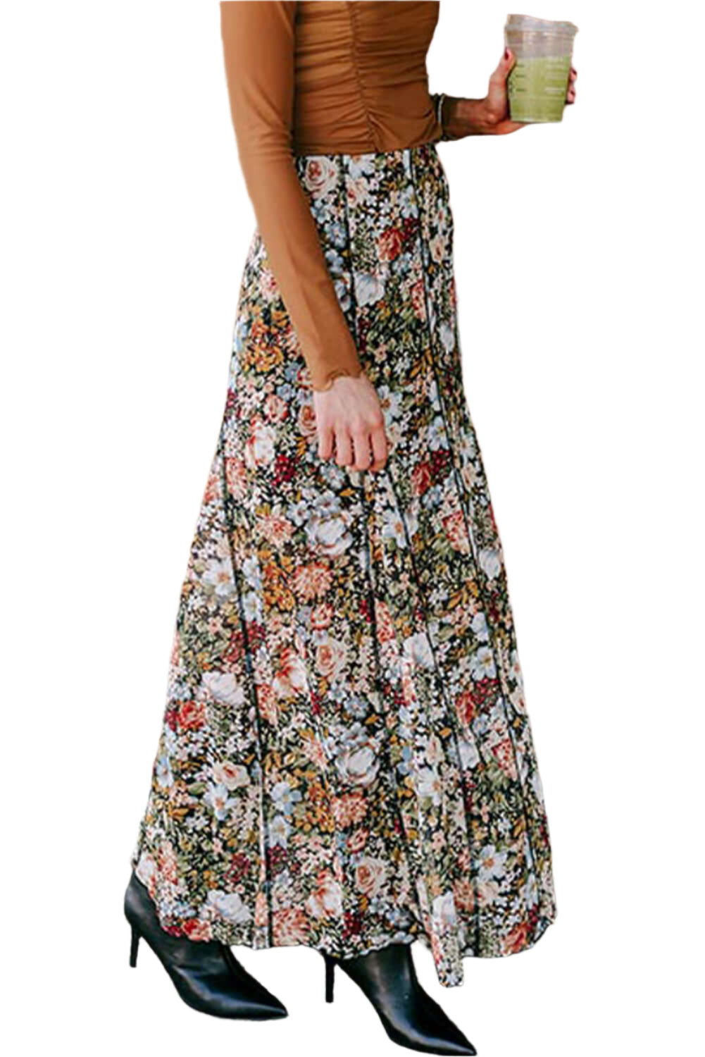 Side view of a brown floral bohemian maxi skirt with straight leg style, perfect for summer occasions.