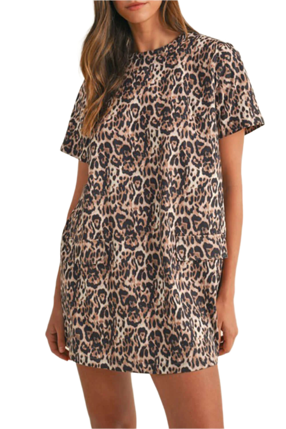 Brown leopard print dress with short sleeves, summer style.