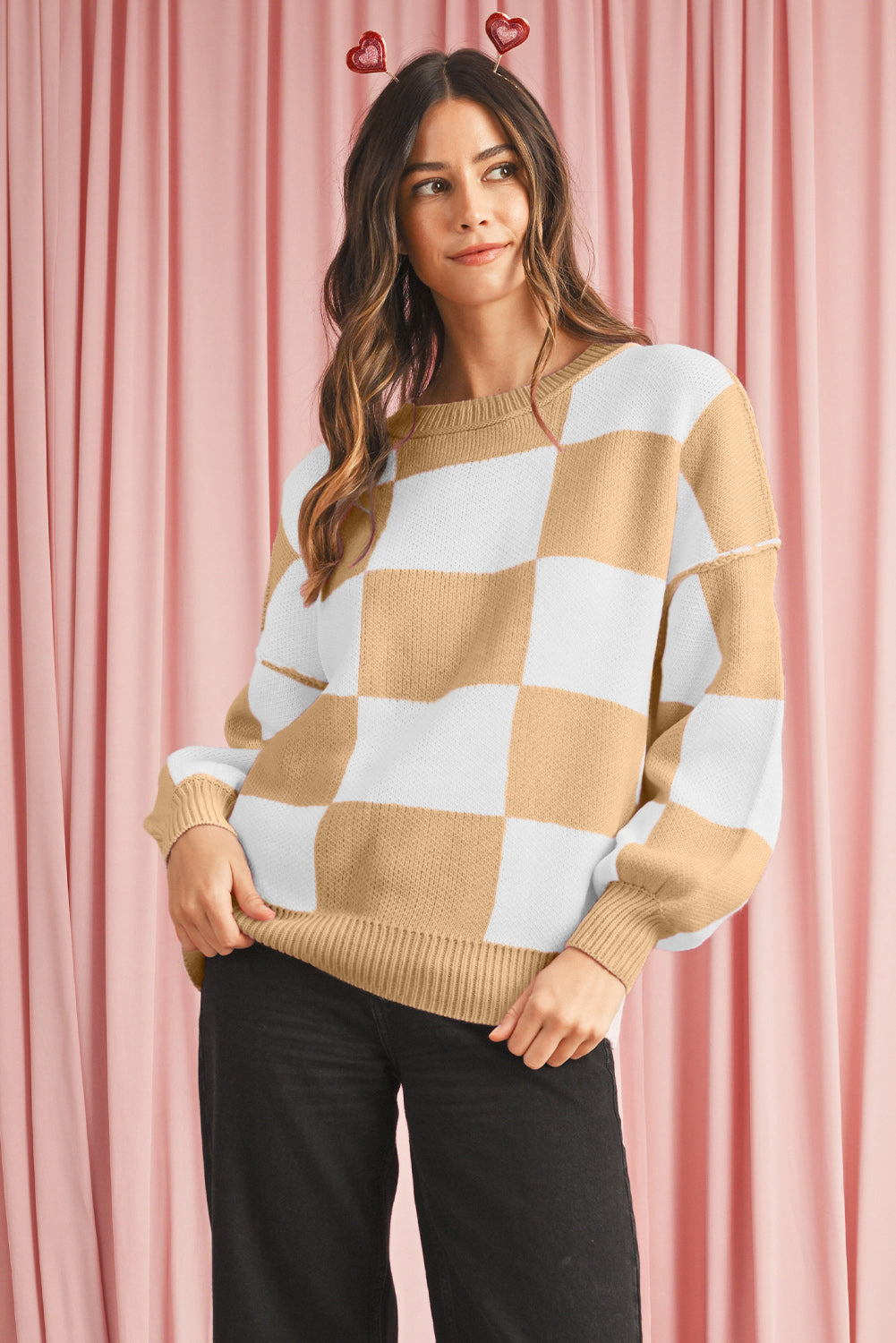 Women's Casual Check Knitted Jumper - Khaki. Front view.