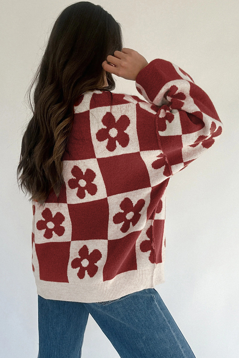 Floral Checkered Henley Sweater