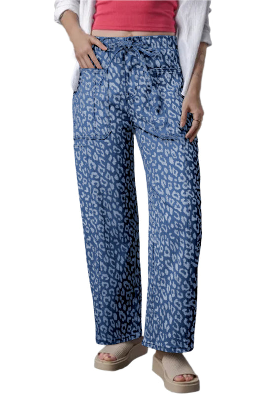 Wide Leg Leopard Jeans Women's - blue colour, front view.