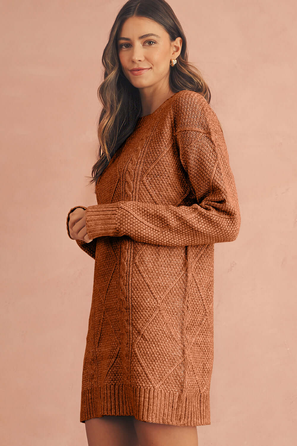 Women's Coffee Cable Knit Jumper Dress . Side view.