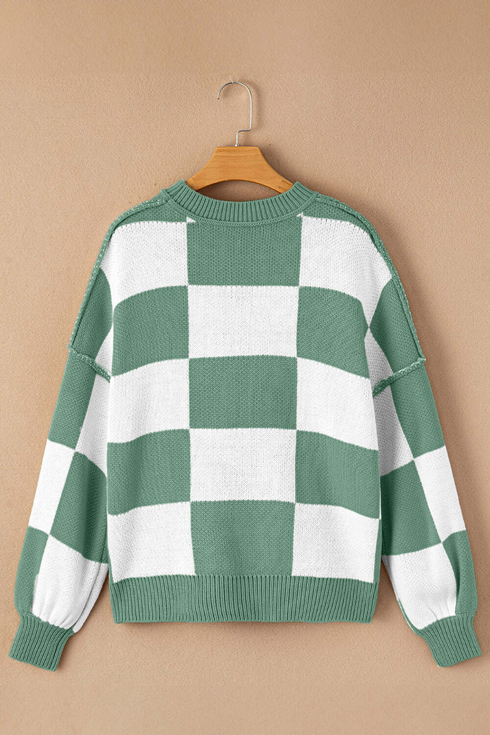 Women's Casual Check Knitted Jumper - Green. Back view on a hanger.