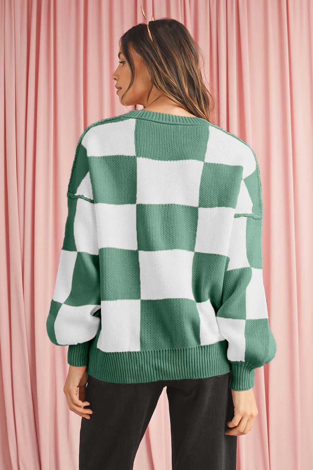 Women's Casual Check Knitted Jumper - Green. Back view.