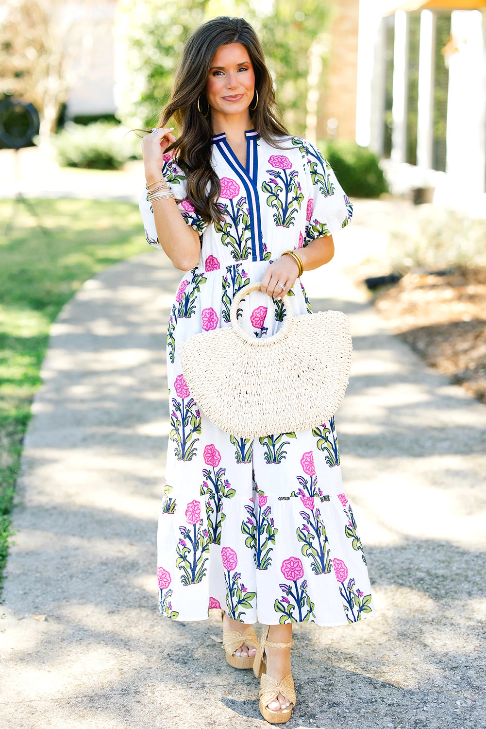 Sky Blue Floral Ruffle Midi Dress - white colour, styled with white woven handbag.