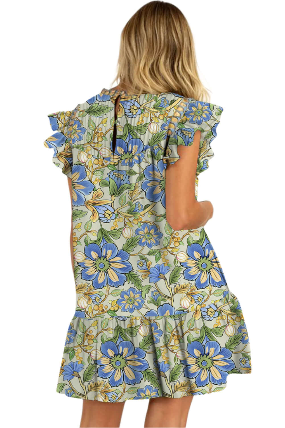 Women's Botanical Floral Print Dress. Back view.