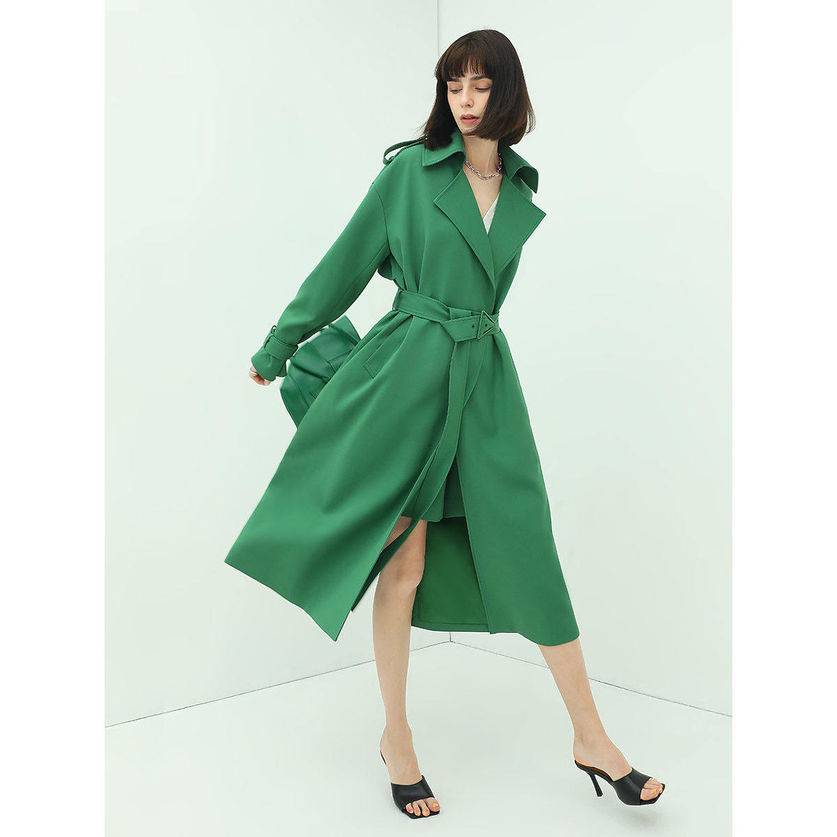 Classic Green Long Trench Coat with Buckle-1