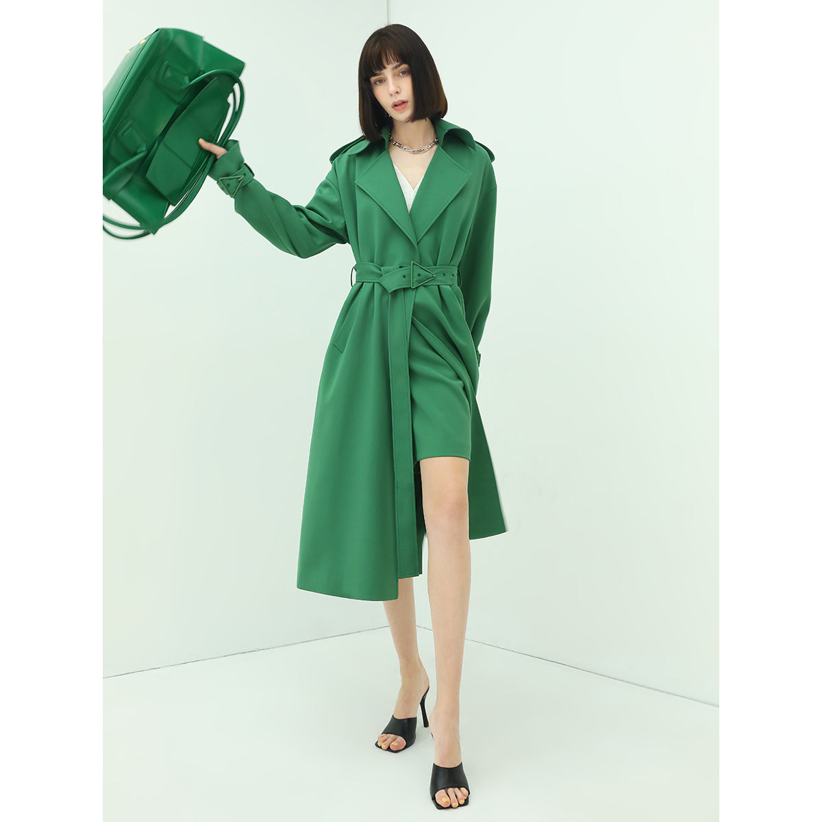 Classic Green Long Trench Coat with Buckle-2