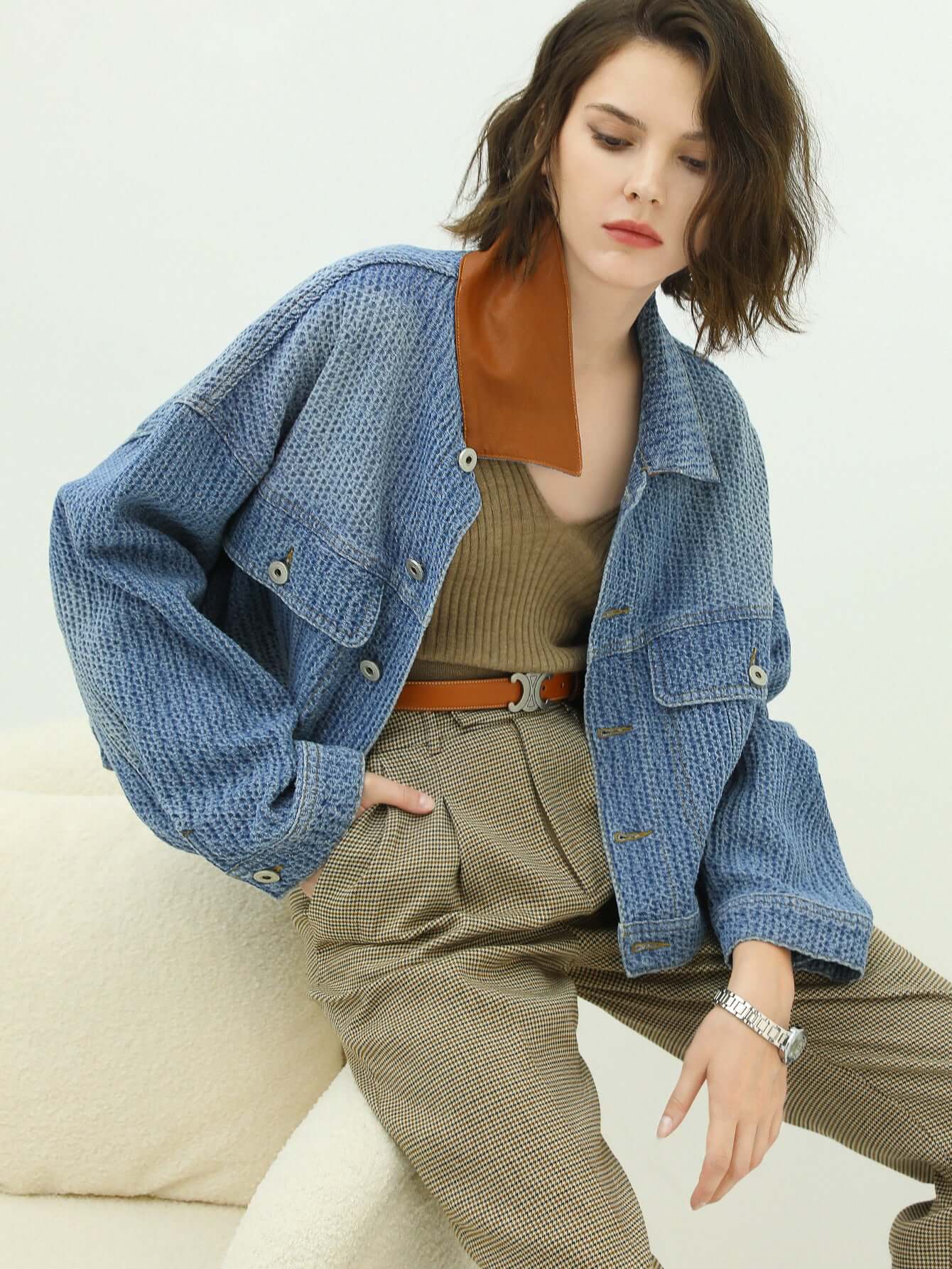Classic Simple Blue Patchwork Loose Fit Denim Jacket-0