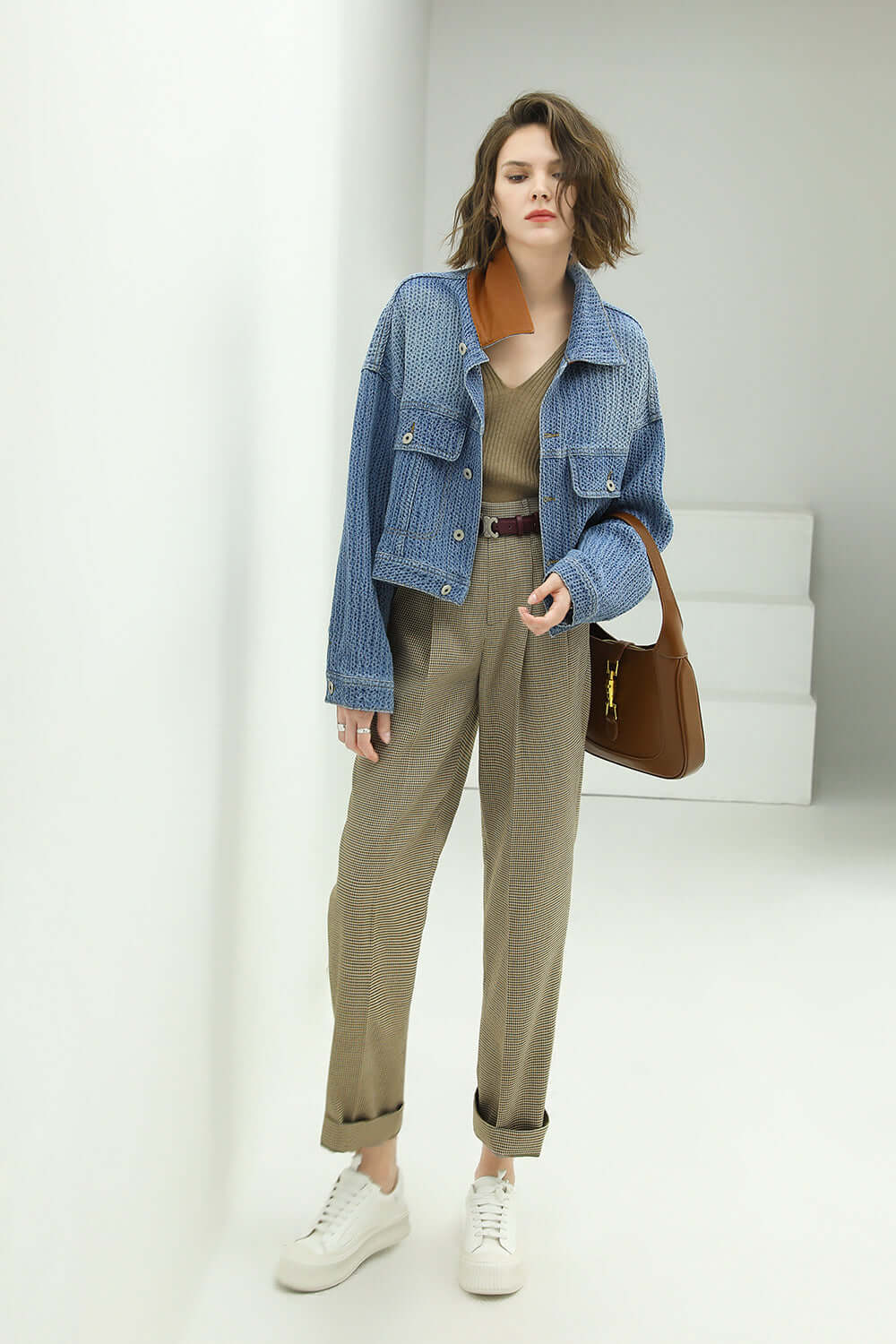 Classic Simple Blue Patchwork Loose Fit Denim Jacket-2