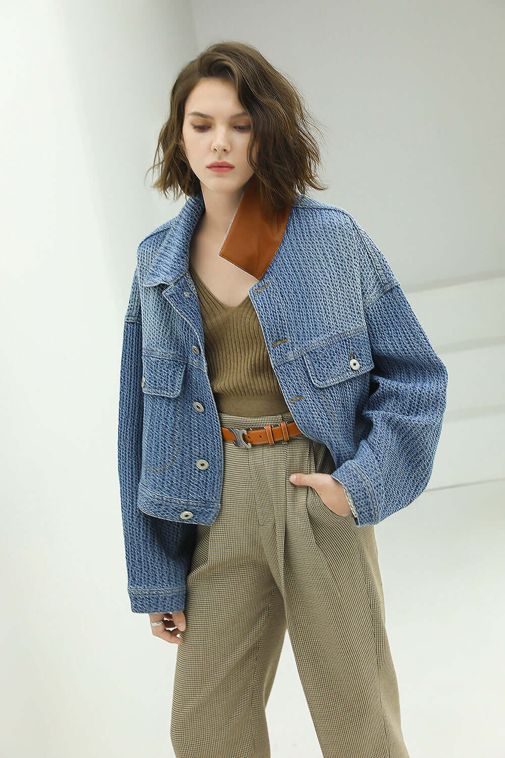 Classic Simple Blue Patchwork Loose Fit Denim Jacket-3