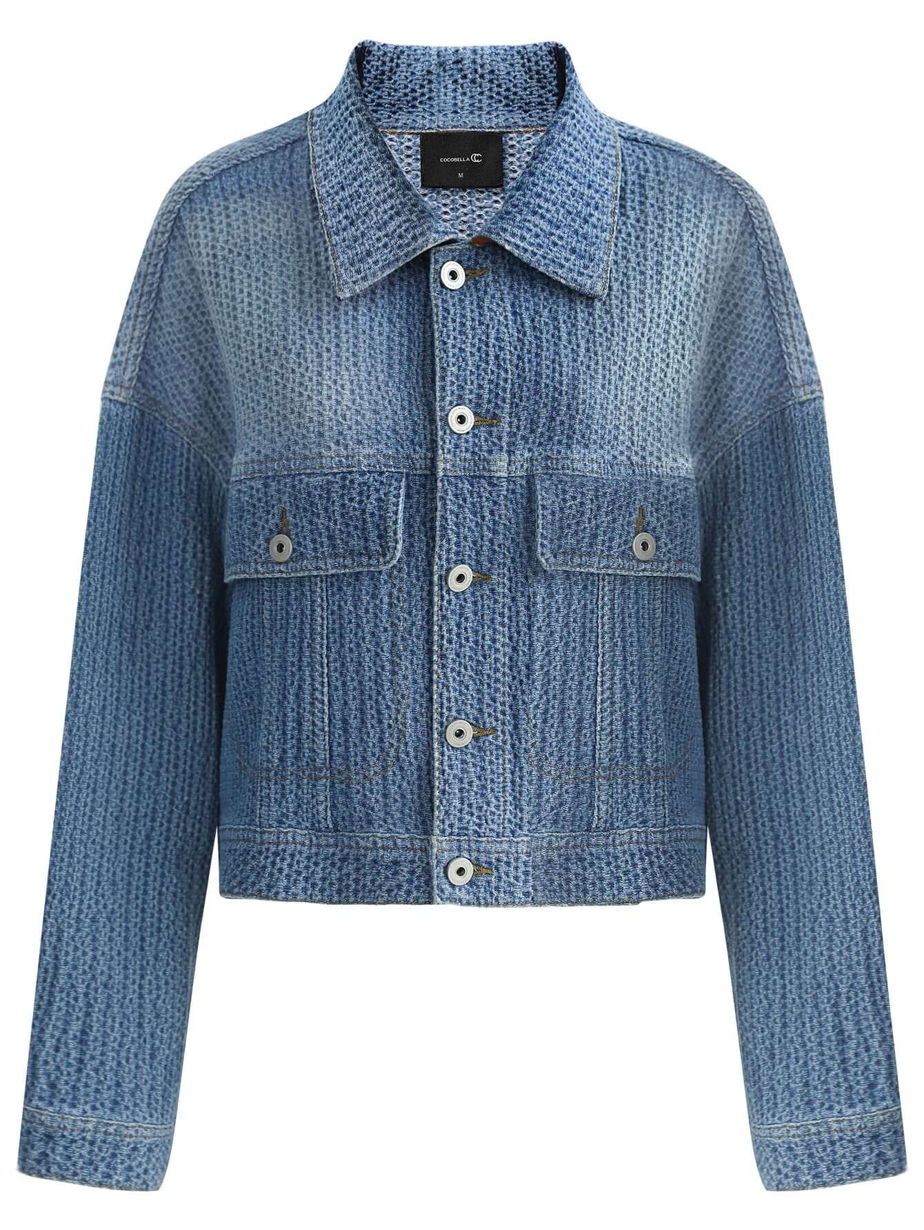 Classic Simple Blue Patchwork Loose Fit Denim Jacket-4