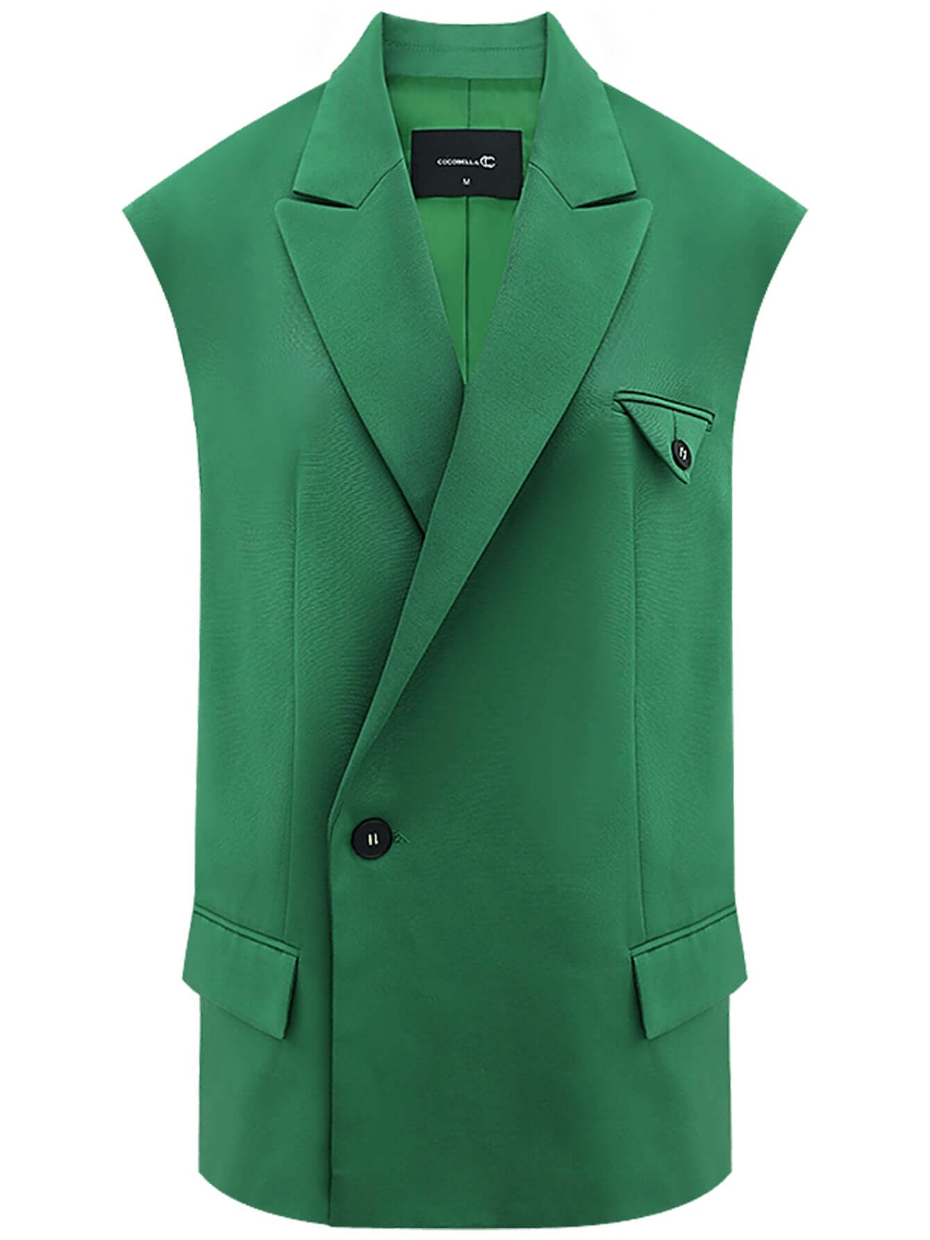 Green vest with a single button on a white background